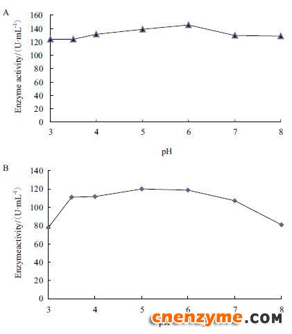 图 8 pH对GOD酶活力（A）及pH稳定性（B）的影响